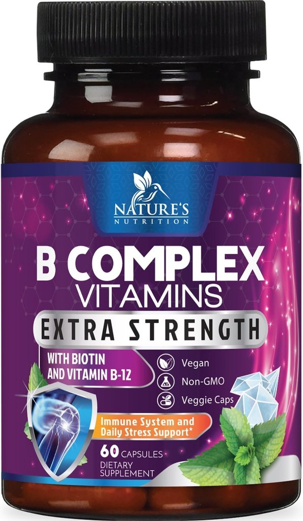 B Kompleks witamin Kapsułki - z witaminą B12 B6 B100 C Biotin Folate & Kwas foliowy - Suplement do Serca, Mózgu, & Nerve Support - Super Complete B- Complex dla immunologicznego i wsparcia energetycznego - 60 Kapsułki