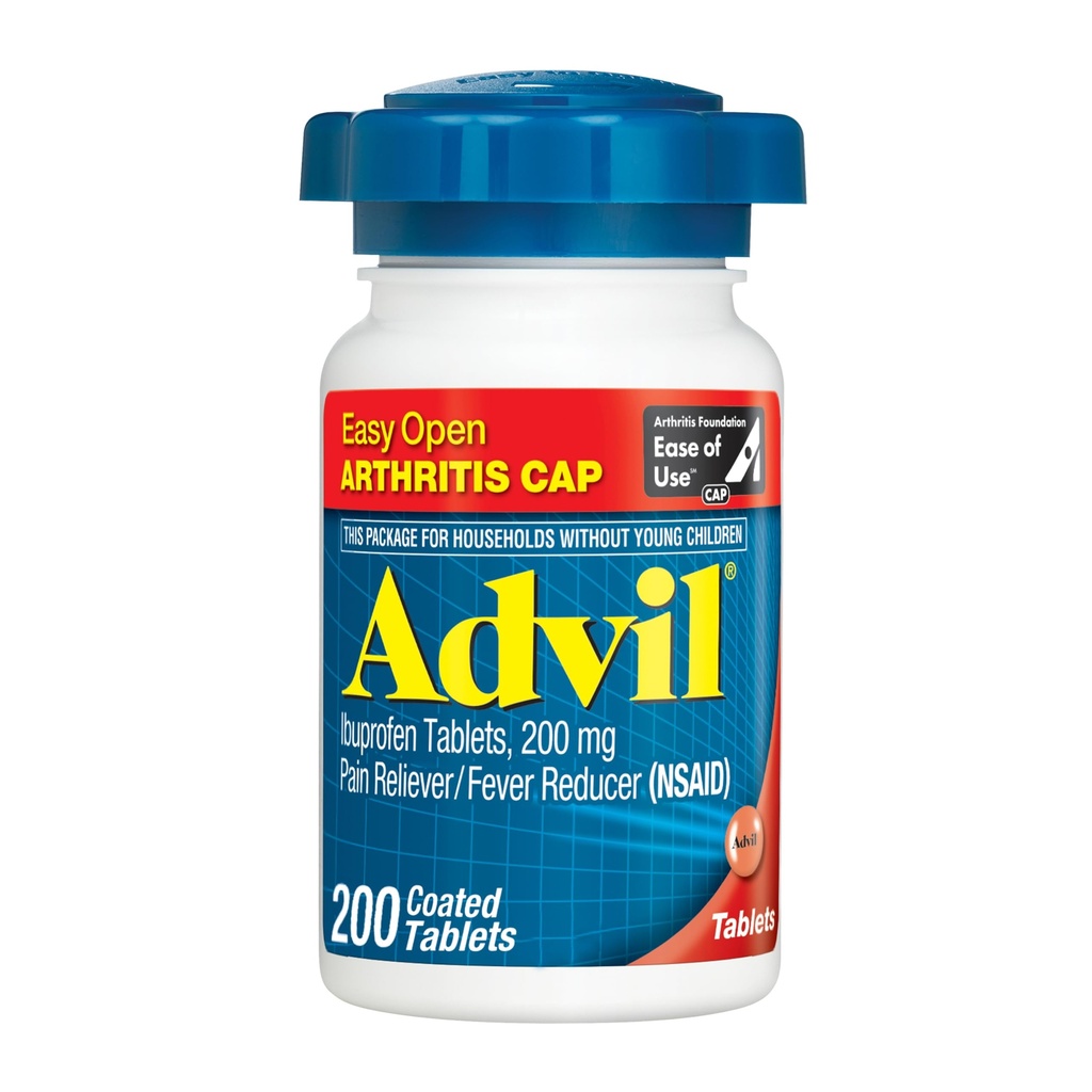 Advil Pain Reliever and Fever Reducer, Pain Relief Medicine with Ibuprofen 200mg for Joint Pain, Muscle Ache and Minor Artretis Pain Relief - 200 tabletek powlekanych z Easy Open Artretis Cap