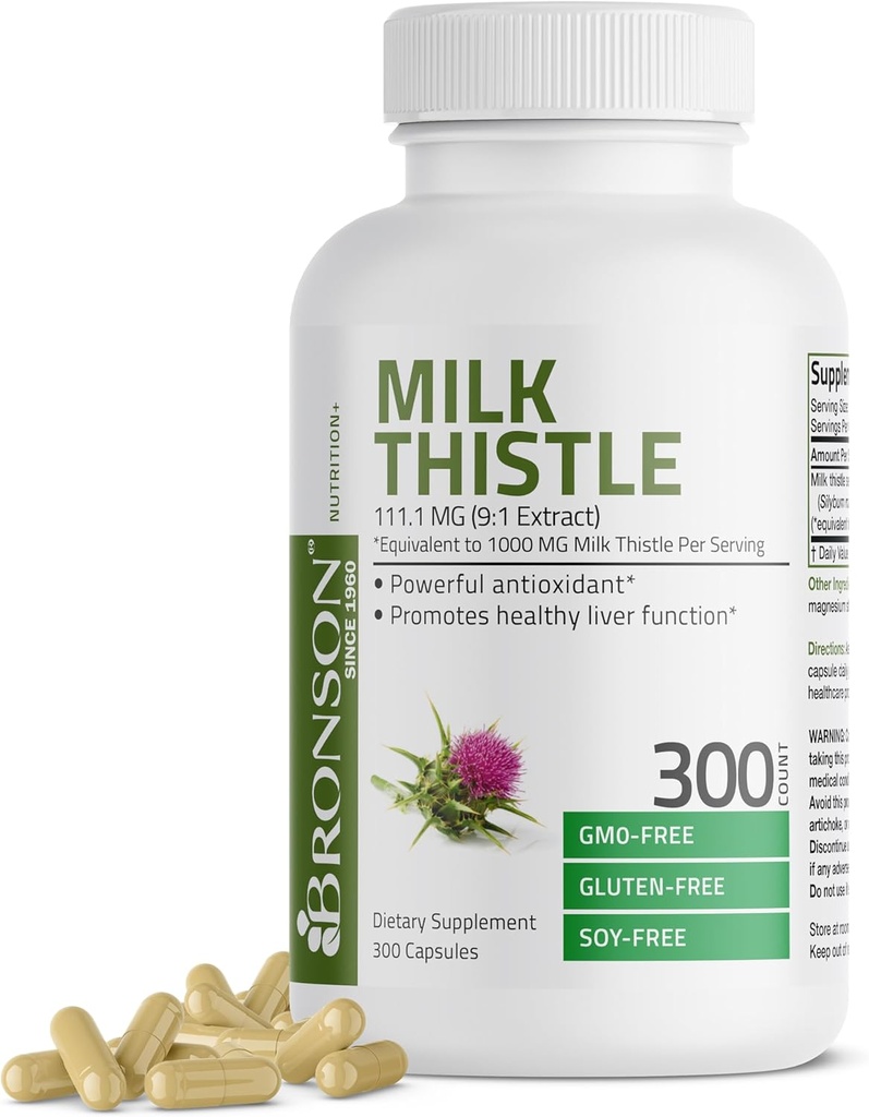 Bronson Milk Thistle 1000 MG Silybum Marianum Antyoksydant & Liver Health Support - Non- GMO, 300 kapsułki