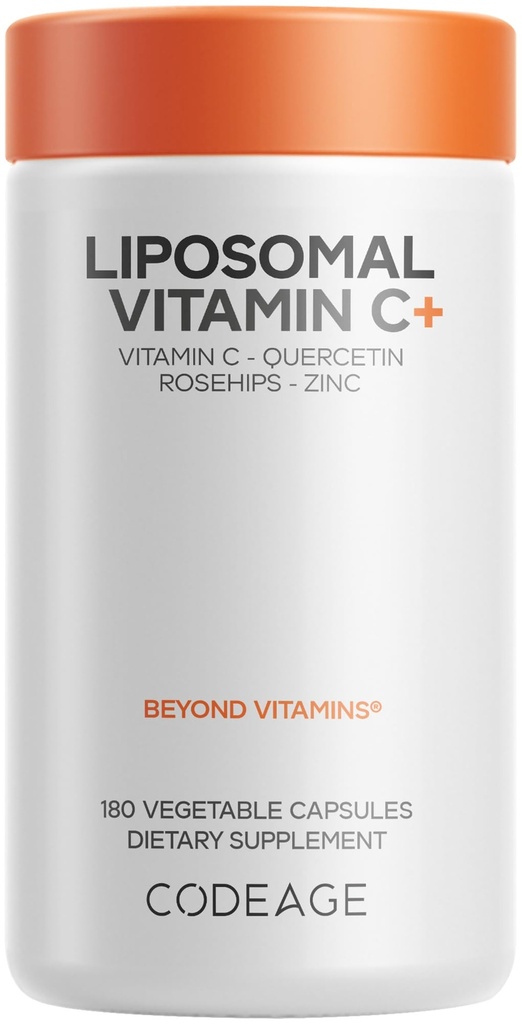 Codeage Witamina liposomalna C 1500mg z cynku, Elderberry, Citrus Bioflavonoids Grejpfrut, cytryna, proszek pomarańczowy, Quercetin & Rose HIPS Fruit - suplement wegański - Non-GMO, Vegan Pills, 180 kapsułki