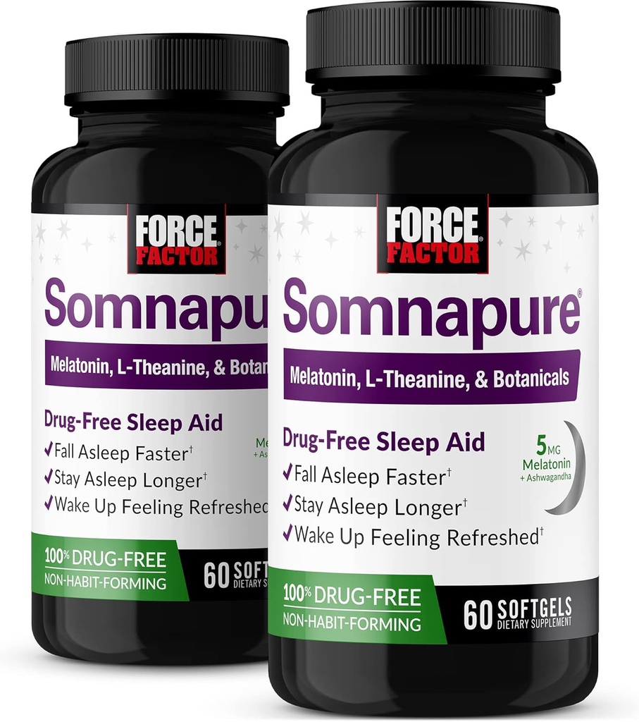 SOMNAPURE FACTOR Somnapure Softgels 2-Pack Sleep Aid to Fall Asleep szybciej, Stay ASleep Longer, Budzenie się Odświeżony, Sen Pomoc dla dorosłych z Melatonin, Ashwagandha, Valerian Root, 120 Softgels