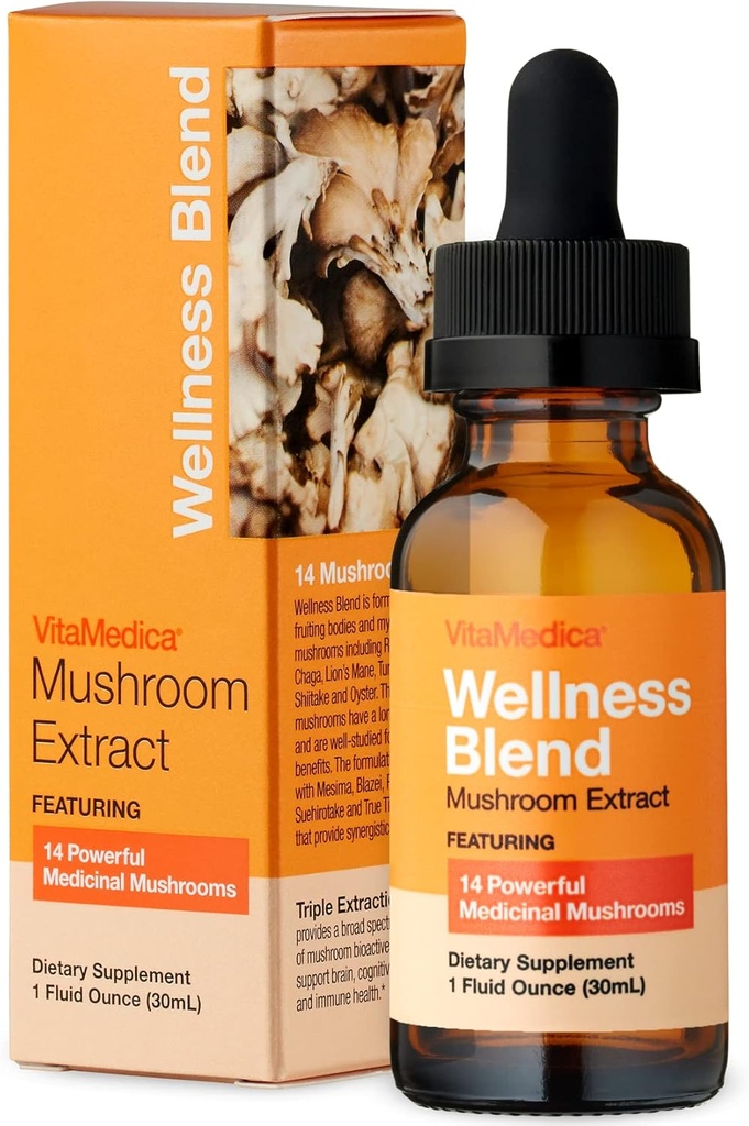 VitaMedica: 124; Wellness Blend Mushroom Extract: 124; Natural Health Booster: 124; Organic Health Booster: 124; Reishi: 124; Cordyceps: 124; Lion 's Mane: 124; Turkey Tail: 124; Chaga: 124; Agarikon: 124; Mushroom Supplements: 124; Made in USA: 124; 30 Servings