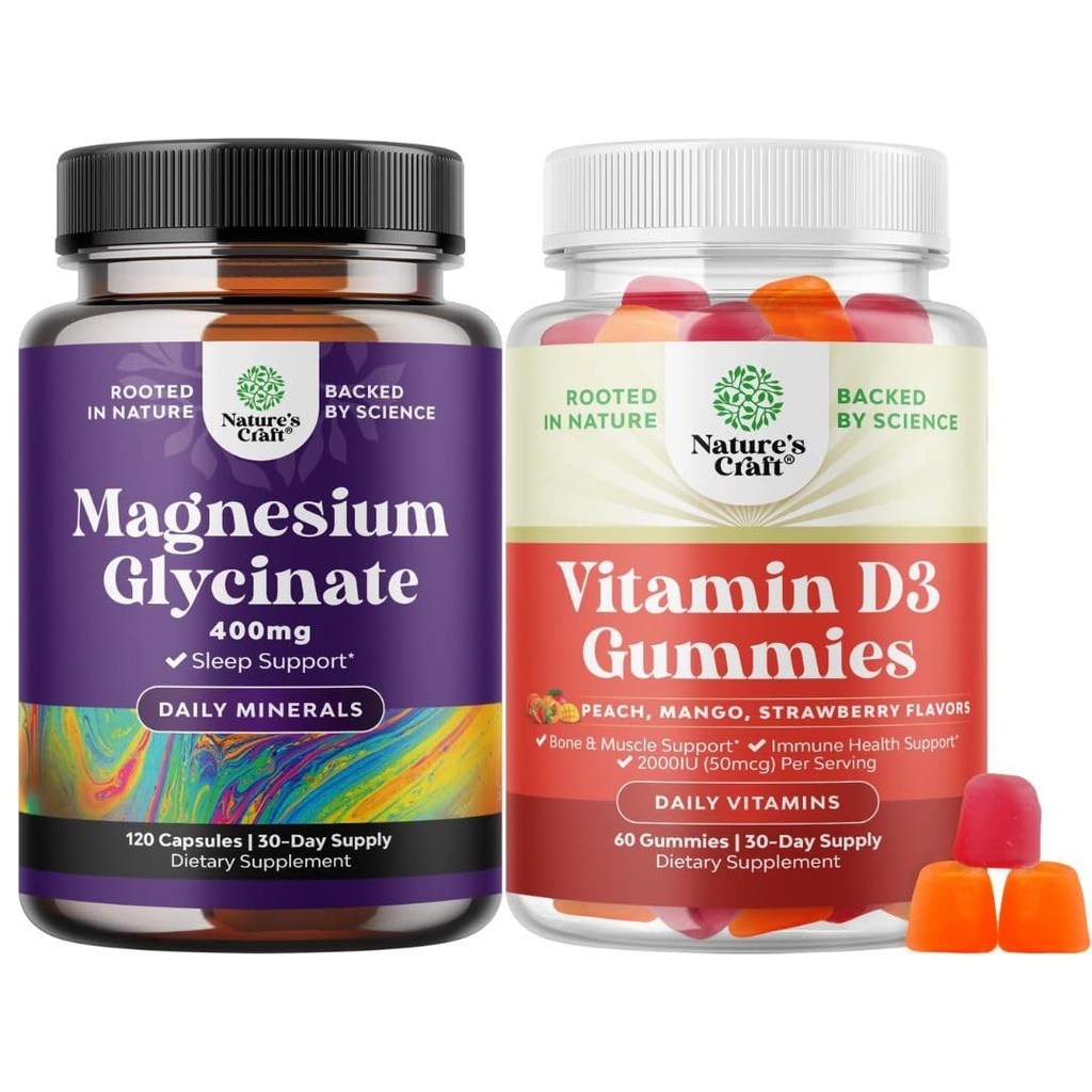 Paleta czystego glicynianu magnezu 400mg na porcję do usypiania i relaksacji nastroju oraz gumek witaminy D3 do codziennego Wellness lub mięśni kości i wsparcia immunologicznego