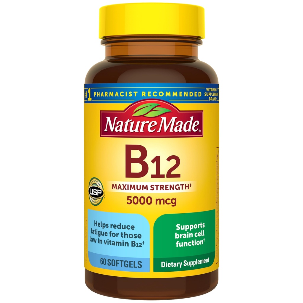 Nature Made Maximum Strength Witamina B12 5000 µg, Suplement diety do wsparcia metabolizmu energii, 60 Softgels, 60 Day Supply