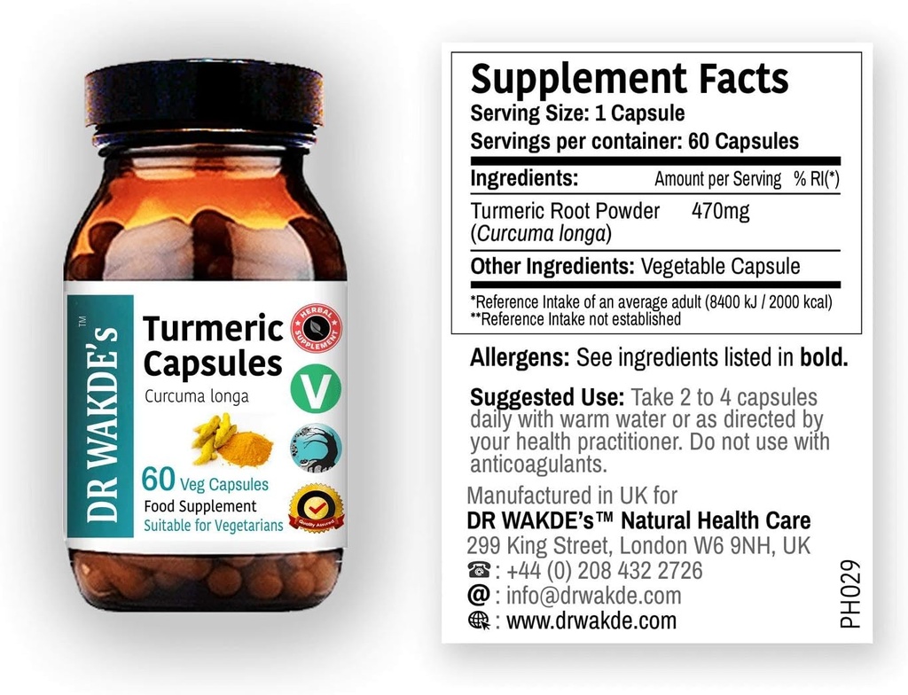Kapsułki Turmeric DR WAKDE (Curcuma Longa, 60 Czapek Veg, Suplement oparty na plancie, Zioła Ayurvedic, Wszystkie naturalne, Wegan)