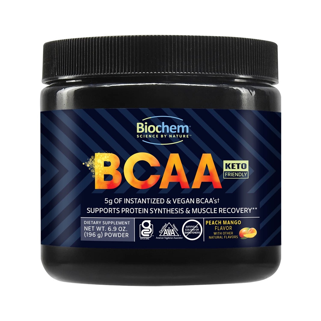 Biochem BCAA proszek brzoskwinia Mango 5g - 30 Sług 124; Wegan, Gluten Free, Keto, Instantized 2: 1: 1 BCAA Suplement do Odzyskiwania Mięśnie, Synteza proteinowa & Nawodnienie 124; Proszek kwasu elektrolitu Amino