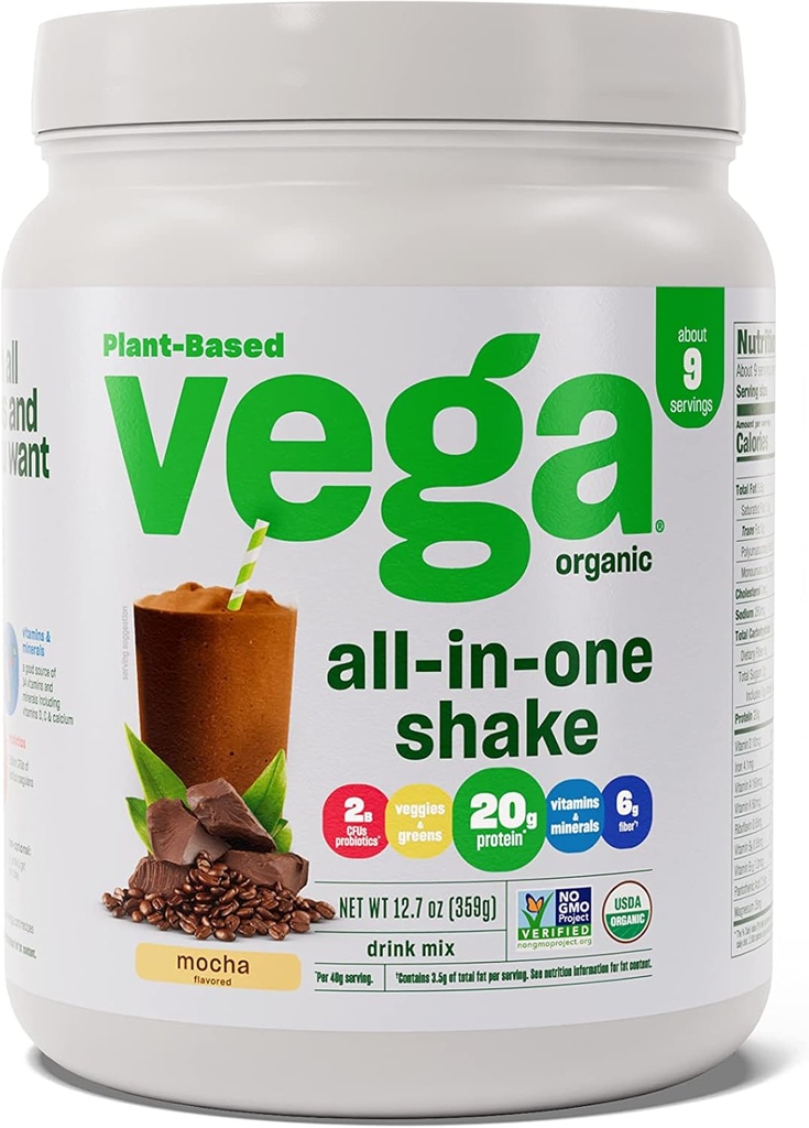 Vega Organic All- in- One Vegan Protein Powder Mocha (9 Servings) Superfood Składniki, Witaminy do wspierania odporności, Keto Friendly, Pea Protein for Women & Men, 12.7oz (Packaging May Vary)