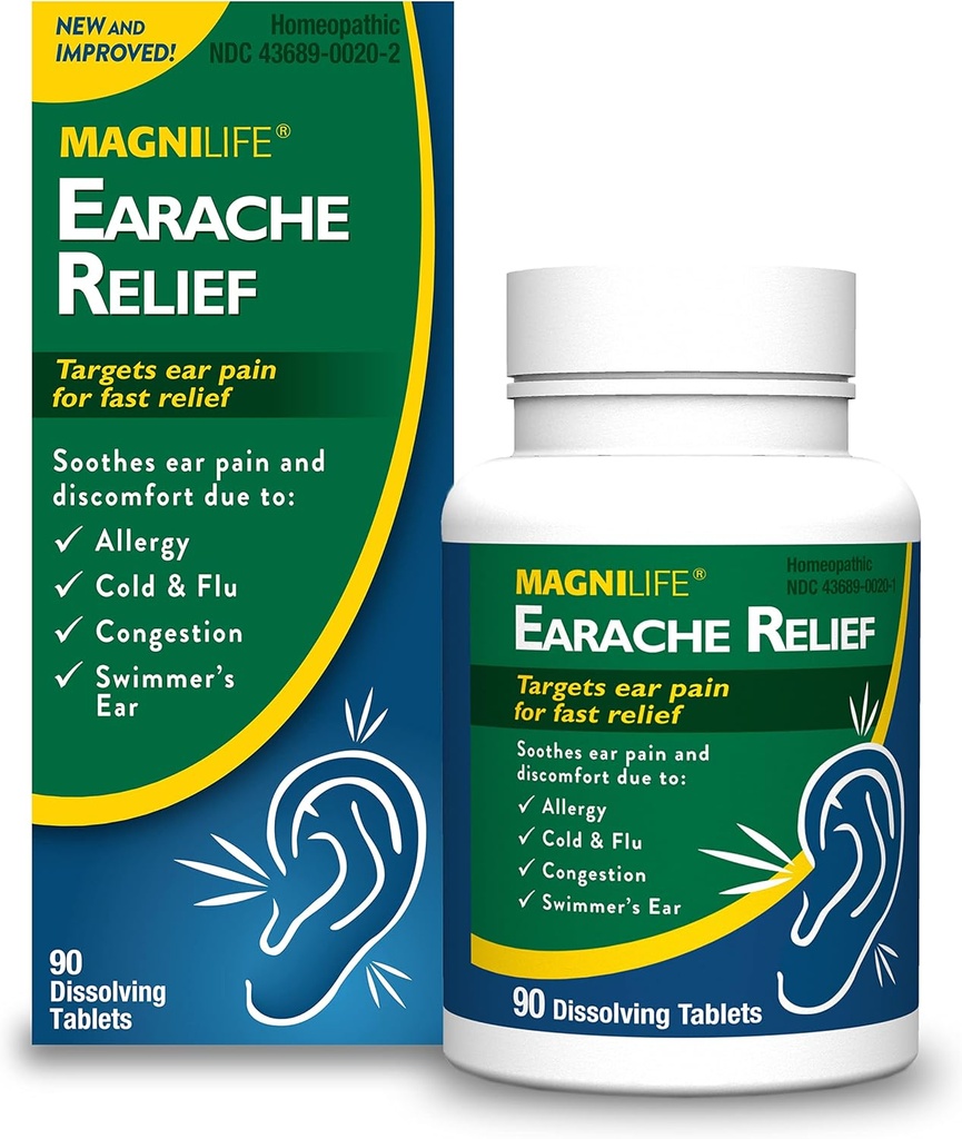 MagniLife Earache Relief, Fast- Acting Natural Relief dla pływaków Uszy, Ból i dyskomfort z alergii, Zimno i grypa - 90 Szybkie rozpuszczalne tabletki