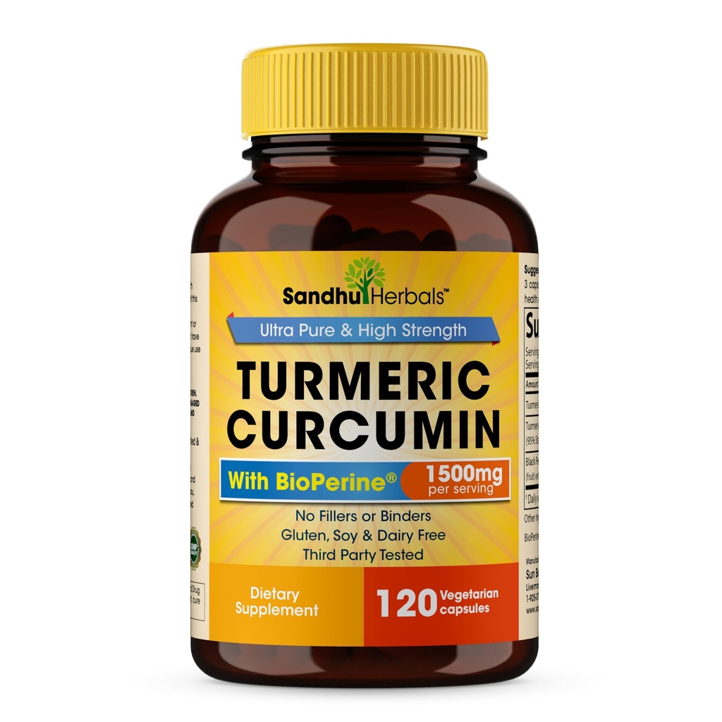 Sandhu Herbals Organic Kurkumina Turmerowa 120 Kapsułki z Bioperine Black Pepper Extract Supplement Supplement 124; 1500mg z 95% kurkuminoidów 124; Wsparcie immunologiczne