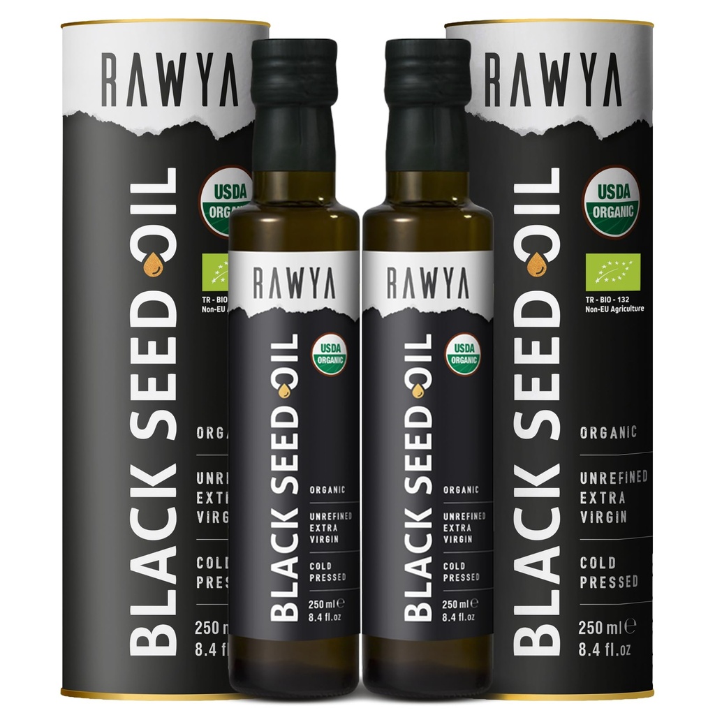 RAWYA Black Seed Oil - Organic Cold Pressed Nigella Sativa - Turecki Pochodzenie - USDA Organic - Natural Supplement - Black Cmin Seed Oil - Rich Flavor & High Concentration - 250 ml Butelka szklana - 2 Pack