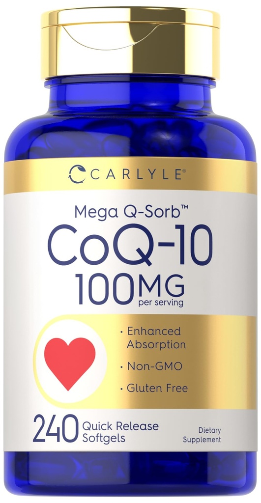 Carlyle CoQ10 100mg Humalog 124; 240 Softgels Humalog 124; Mega Q- Sorb Coensis Q- 10 Humalog 124; z Black Pepper Extract Humalog 124; Non-GMO, Gluten Free Supplement
