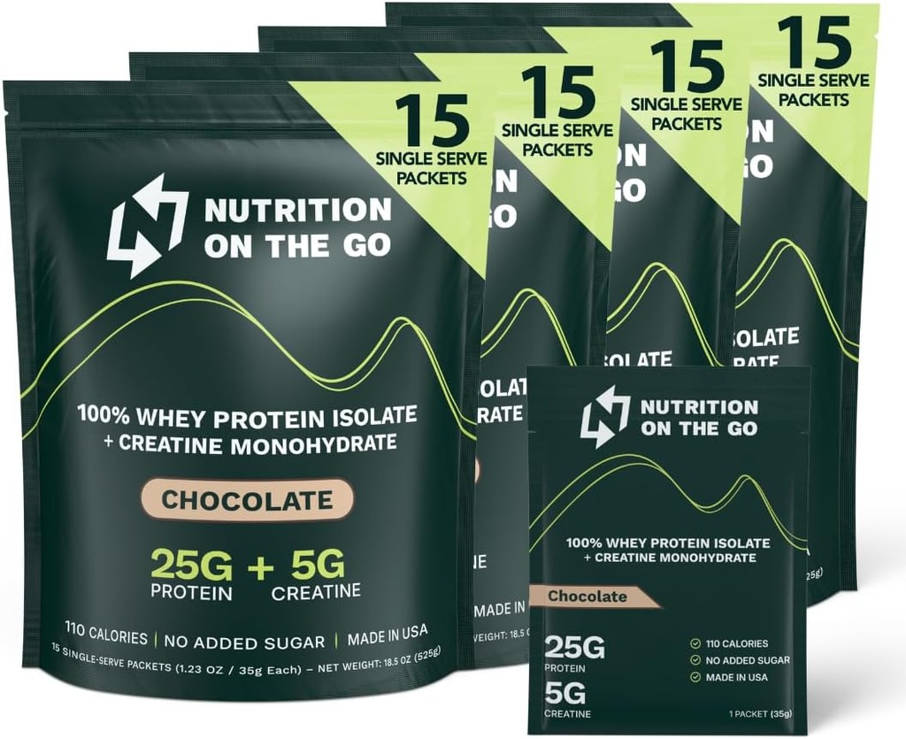 Nutrition On The Go Whey Protein Isolate Pakiety z Creatine - 25g Protein + 5g Creatine - Single- Serve Travel Protein Powder - Czekolada (60- Pack)