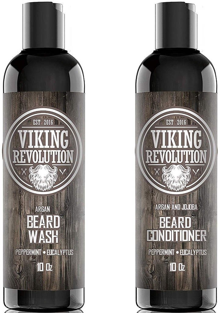 Viking Revolution Beard Shampoo and Conditioner Set - Zestaw do pielęgnacji brody na poziomie topowym z Argan & Jojoba Oils for Healthy Beard Growth, No Sartching or Irritation, Rich Lather, Eukaliptus Scent (10 oz)