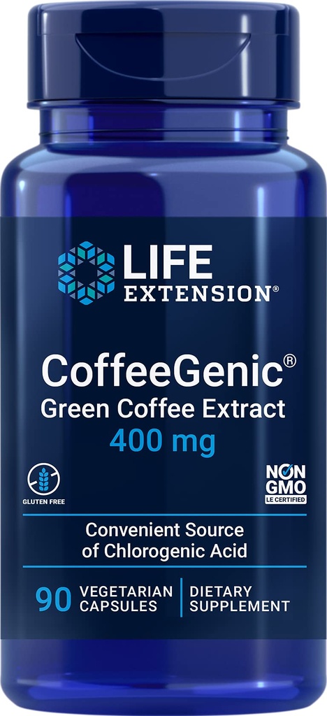 Life Extract CoffeeGenic ® Green CoffeeGenic Extract, 400 mg, standaryzowany dla 50% kwasu chlorowego, After- Meal Metabolizm Wsparcie, Gluten Free, Non-GMO, Wegetarianin, 90 Kapsułki