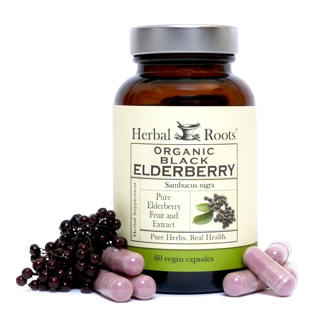 Herbal Roots Organic Black Elderberry Kapsułki 124; Max Siła 124; Wykonane z Organic Sambucus 124; 60 Kapsułki wegańskie