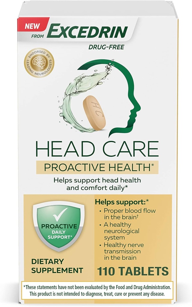 Excedrin Head Care Proactive Health z Magnezu, Riboflavin, Witamina B6, Kwas foliowy i Witamina B12, Suplement diety Wspomaga Head Health i Comfort Daily - 110 Count