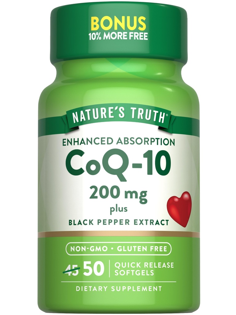 Nature 's Truth CoQ10 200mg Softgels 124; 50 Count 124; Enhanced Absorption Supplement Agregat 124; Plus Black Pepper Extract 124; Non-GMO, Gluten Free