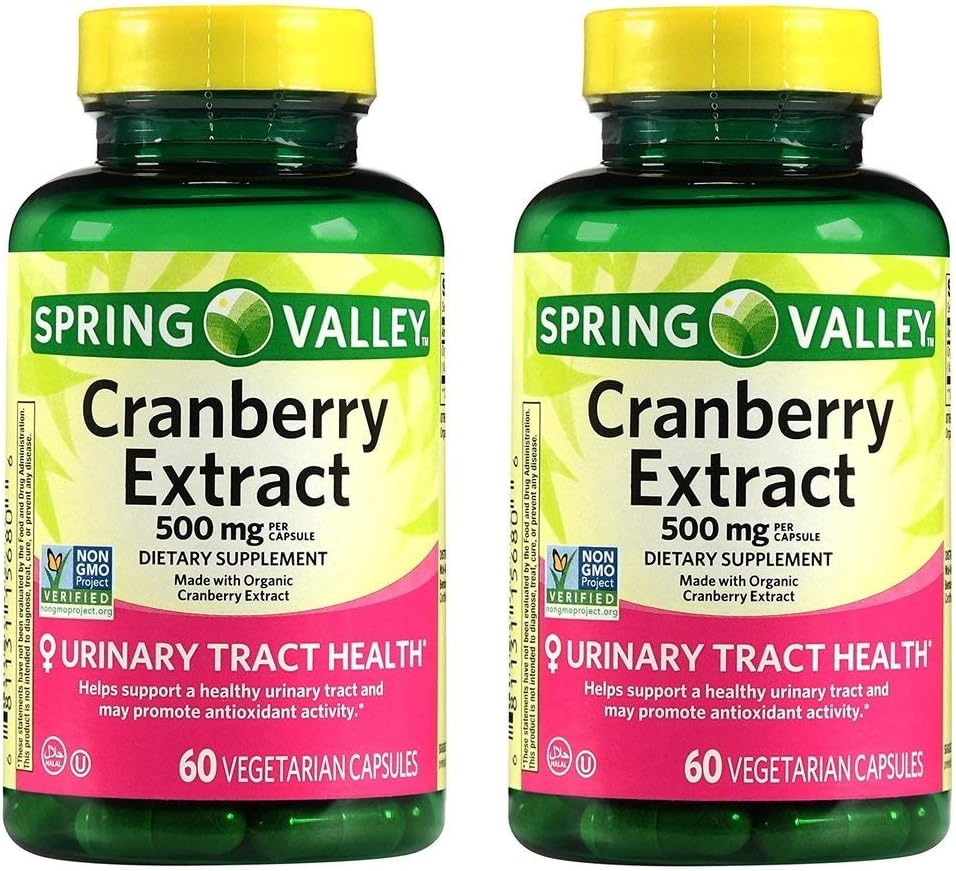 Spring Valley Cranberry Extract For Urnary Tract Health, Dietetic Supplement, Antioksydant Health, 60 Count, 500 mg na kapsułkę (Opakowanie po 2)