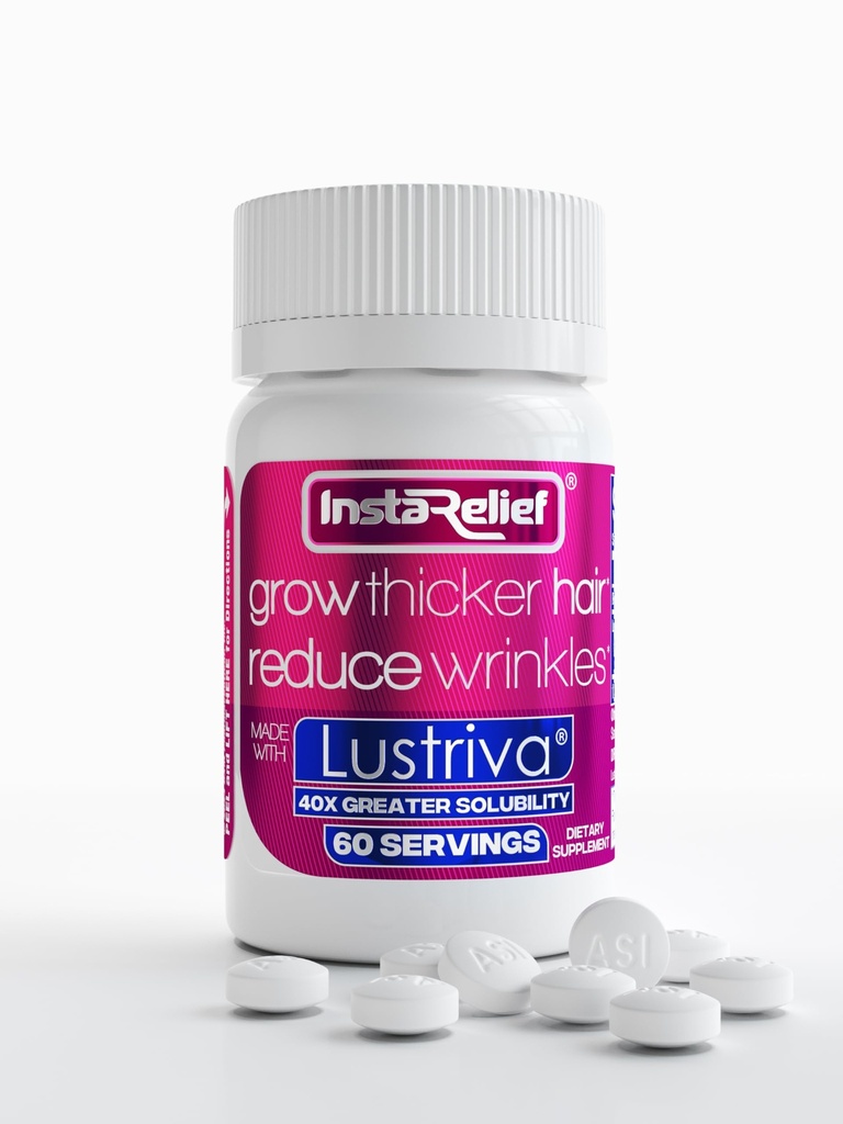 InstaRelief ® Wzrost włosów z Lestriva ® - Klinicznie pokazane do wzrostu grubsze, zdrowsze włosy w 3 tygodnie, Zmniejszenie zmarszczki i cienkie linie, z Biotin, Krzem i argininy, 60 tabletek