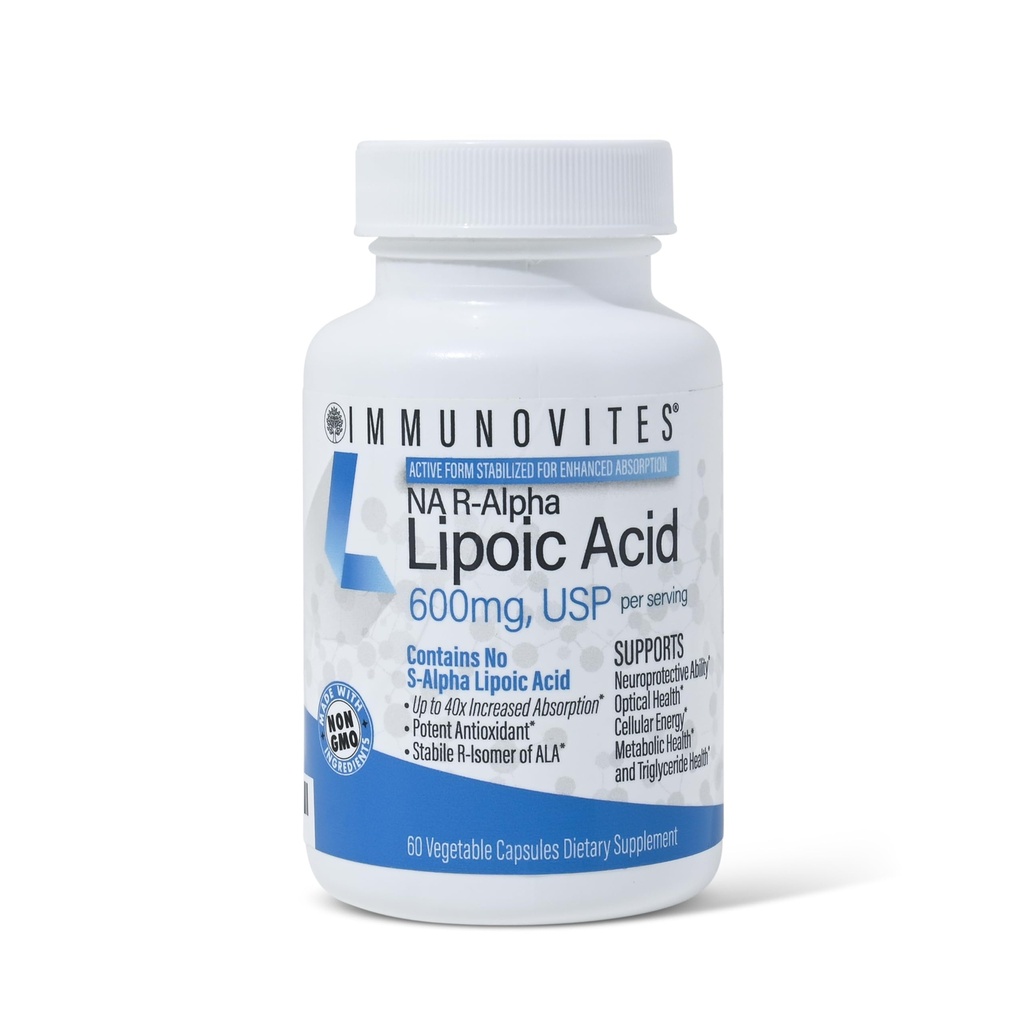 IMMUNOVITES Stabilizowany kwas lipowy R- Alpha ((True)) 600mg na Podawanie [[Wysoka moc i do 40x Zwiększona absorpcja]] (Na R- ALA) (Na R- LA) (Na R- Lipoate) (1 butelka)
