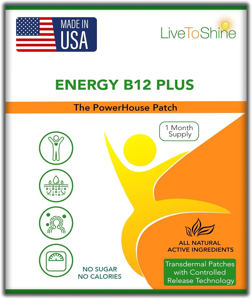 Live To Shine B12 Energy Plus Topical Patch - Wsparcie energetyczne i focus dla kobiet i mężczyzn - 30- Day Supply - USA Made