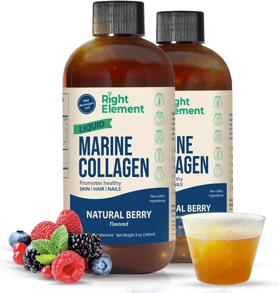 Płynny Kolagen Morski 124; Dzikie Caught Cod - Zhydrolizowane Peptyd Keratyny, Kwas hialuronowy i Biotin - Zdrowe włosy, Skóra i paznokcie - Made in USA - Natural Berry, 8.00 Fl Oz (2- Pack)