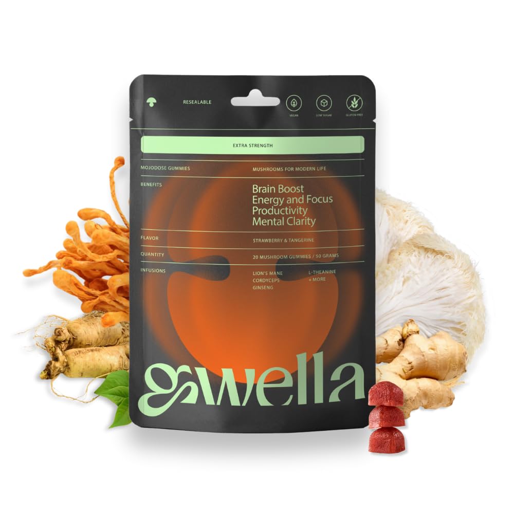 Gwella Focus Gummies z grzywą Lwa, Panax Ginseng, Ginger Root, Cordyceps, SAM- e, i Nootropics, Energia i Focus Supplement, Wegan, Truskawka Tangerine (20 Count - Pack of 1)