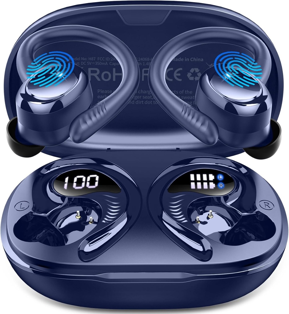 Bezprzewodowe słuchawki Sport, 2025 Bluetooth 5.4 Słuchawki z Earhacks, 50H Stereo Deep Bass Over Ear Buds z 4 ENC Noise Canceling Mics, IP7 Wodoszczelne słuchawki do ćwiczeń siłowni -Blue