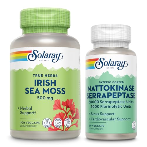 SOLARAY Irish Sea Moss 500mg and Nattokinase Serrapeptase Supplement - Wellness Bundle with Natural Accurring Vitamin, Minerals - Gut Health, Sinus, Heart Health Support, 60- Day Guarantee, 100 / 30ct
