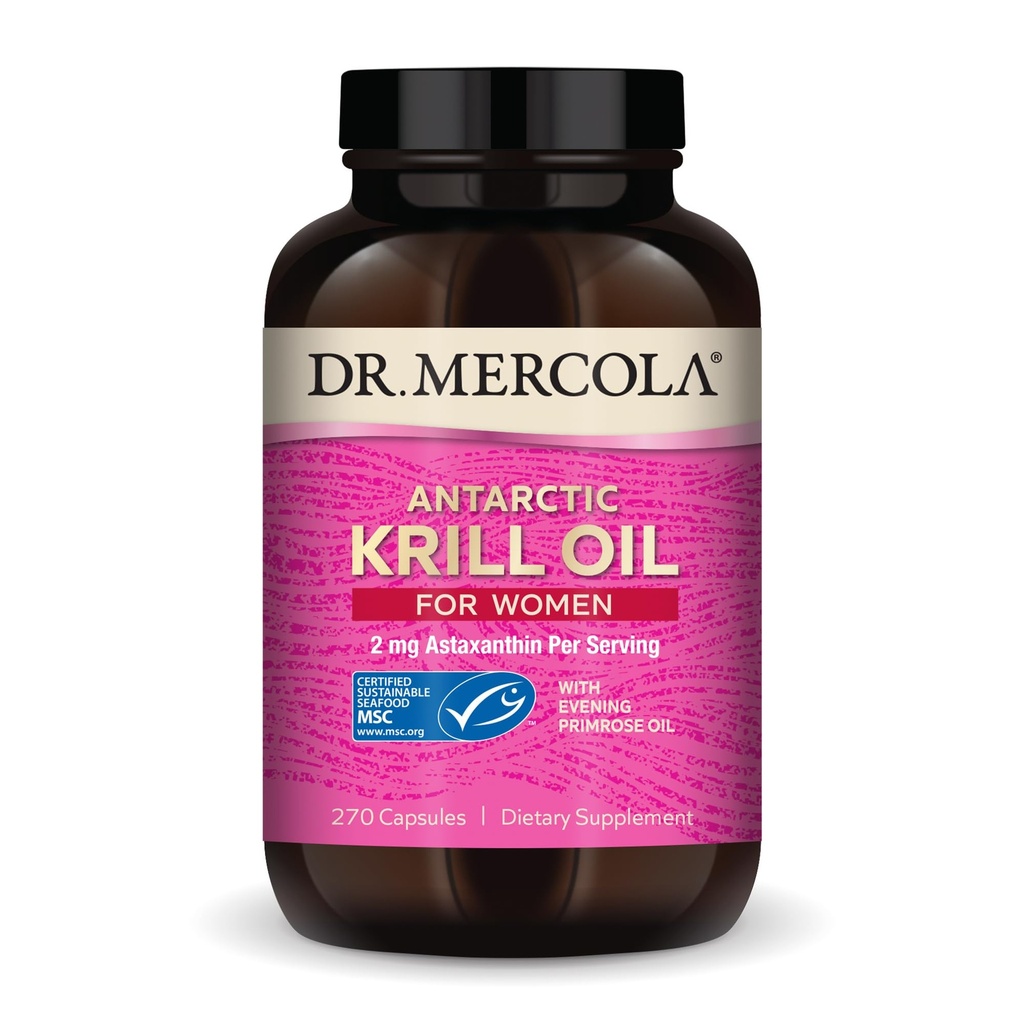 Dr Mercola Krill Oil for Women - 2 mg Astaxanthina - MSC Certified Sustainable - Supports Brain, Skin & Immune Systems - with Omega- 3 s - Non-GMO, Gluten- Free & Soy- Free - 270 Kapsułki (30 Sług)