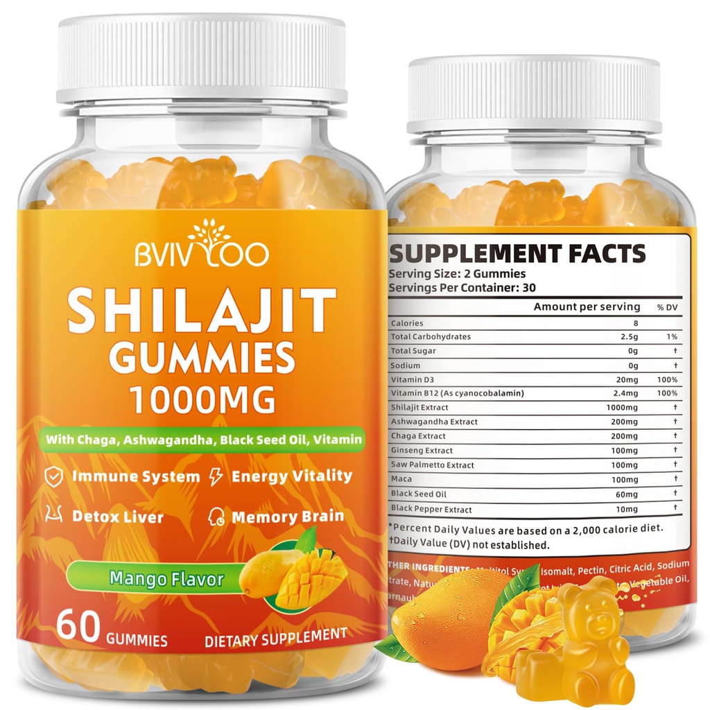 Shilajit Gummies 1000mg Sugar Free - Shilajit Supplement for Men & Women - High in 85 + Trace Minerals & Fulvic Acid - Energia, Mózg, Immunitet - 60 Gummies