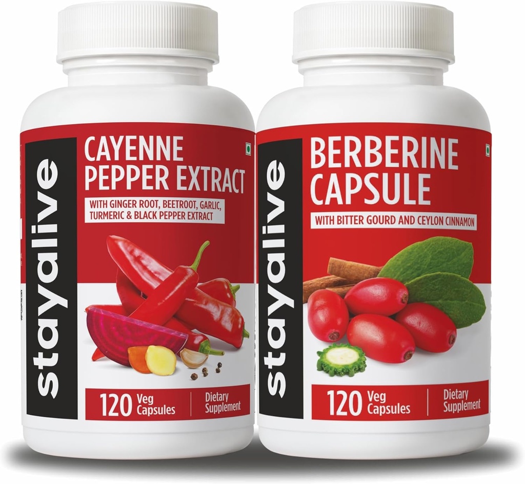 STAY ALIVE Cayenne and Berberine Bundle with Ceylon Cynamon and Bitter Gourd Extract, 240 Vegan Pills, Non-GMO & Gluten Free Berberine Cayenne Pepper Supplement