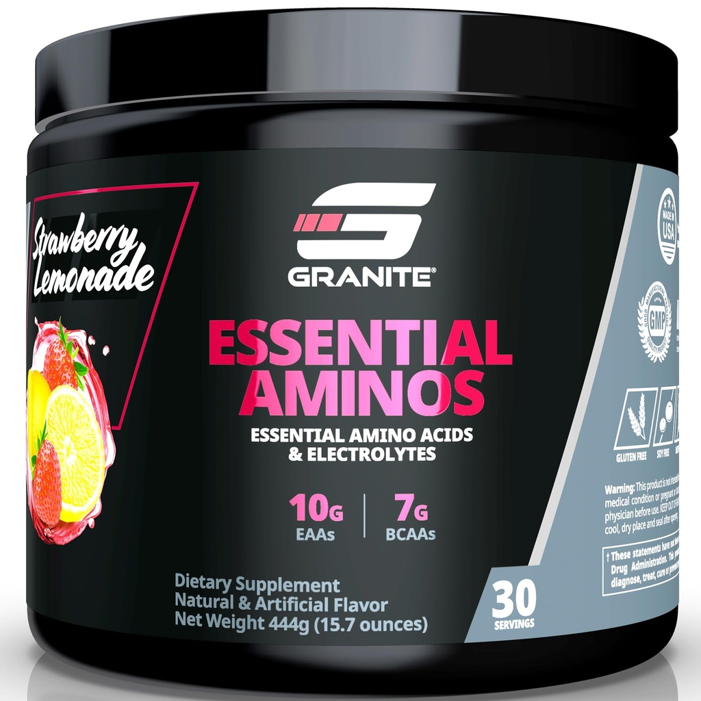 Granitowe podstawowe aminokwasy proszek do odzyskiwania i wzrostu mięśni z 10g EAA i 7g BCAA - Soyfree, Gluten- Free, 448g (30 Servings), Lemoniada truskawkowa