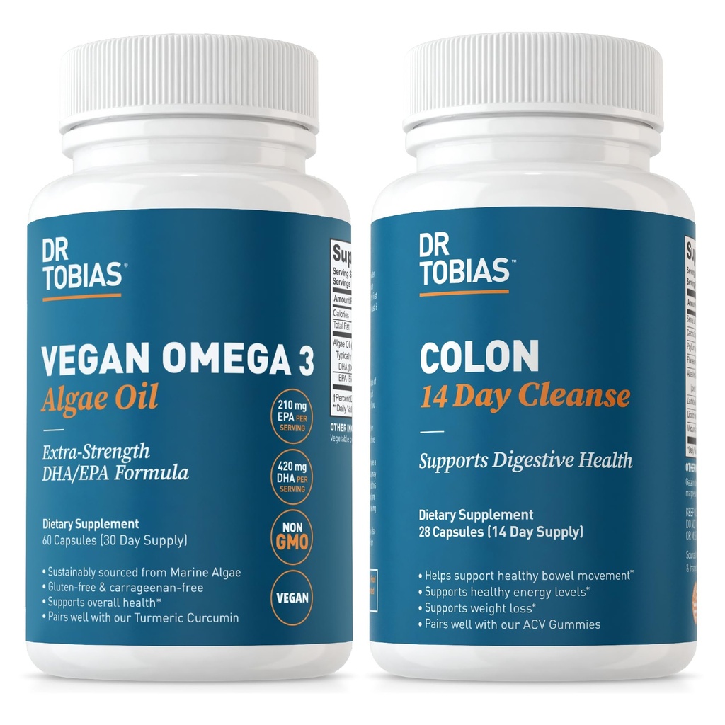 Dr Tobias Vegan Omega 3 Algae Oil i Colon 14 dzień Czyszczenie dla poprawy trawienia, Gut & Wsparcie immunologiczne, i ogólne zdrowie