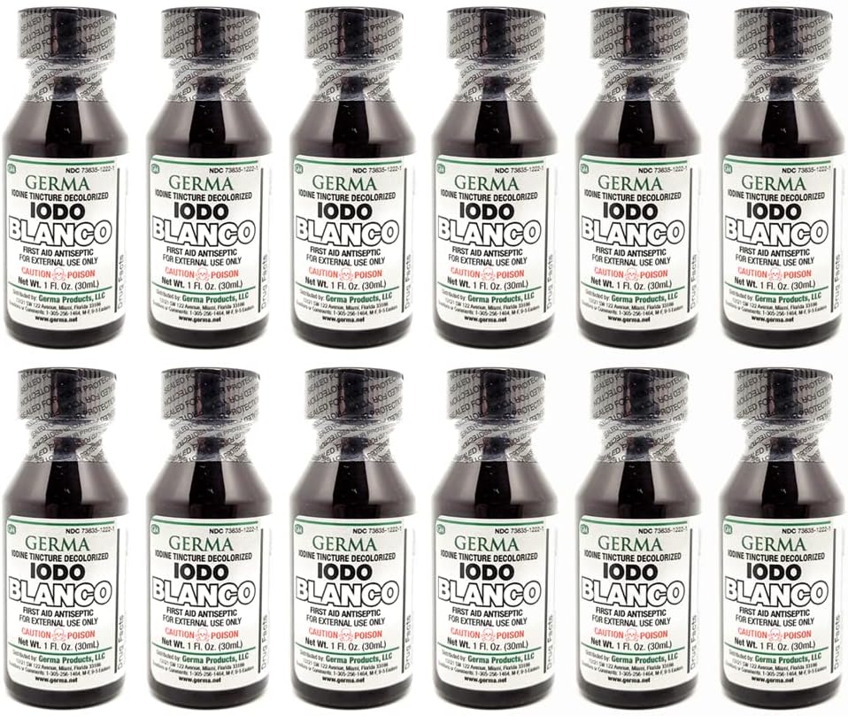 Germa White Jod Tincture. Antyseptyki pierwszej pomocy dla małych Scrapes, Cuts, Bruises i Burns. Zapobiega zakażeniu skóry. Opakowanie zawierające 12