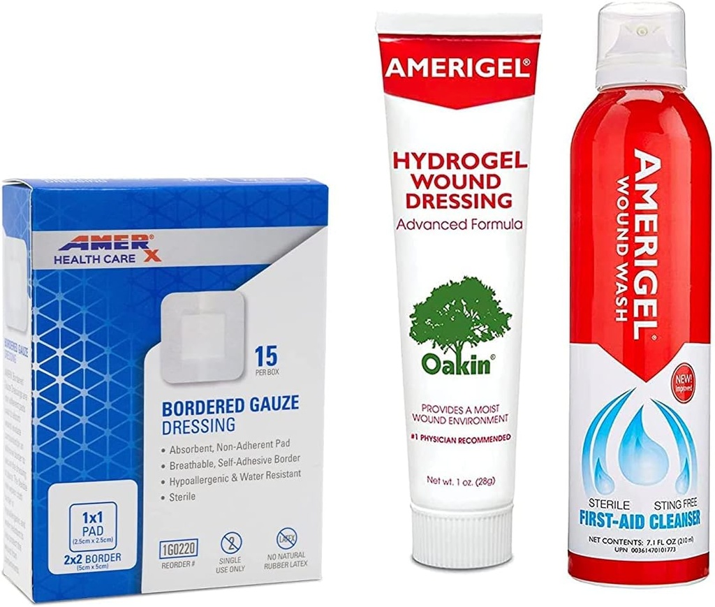AMERIGEL Total First Aid Bundle - 1 oz. Ubranie rany wodnej, 7.1 oz. Sól sodowa, 2x2 Ograniczona gaza