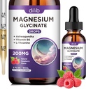 Magnezu Glycinate 200mg Suplement, Magnezu płynne krople z witaminą B6, Ashwagandha, L - Theanine, Rumianek -Pomoc Stress Relief, Kości, Mięśnie, Mood Wegan - Malina Flavor - 2 FL.OZ
