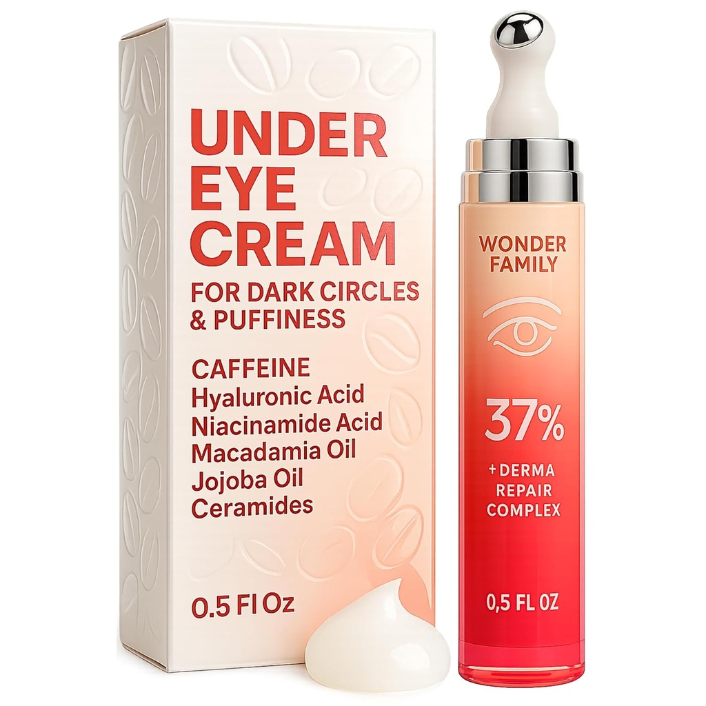 Caffeine Under Eye Cream for Puffiness and Bags Under Eyes - Roller for Puffy Eyes and Dark Circles Under Eye Treatment for Women, Men - Hyaluronic Acid and Niacinamide Serum - Face Puffiness Reducer