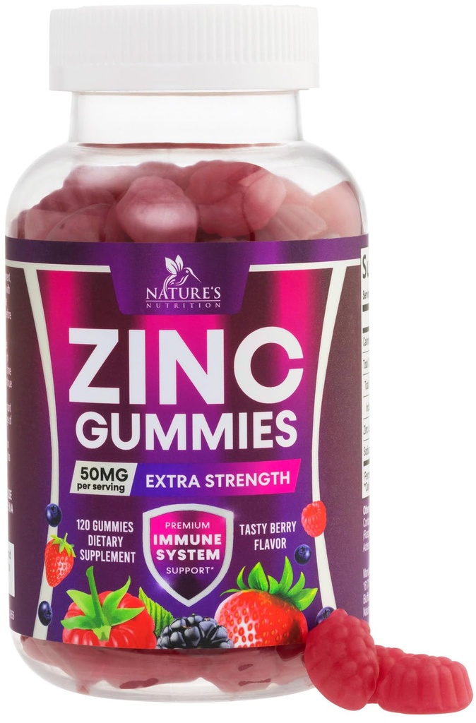 Gumki cynku 50mg - Skóra kości i wsparcie immunologiczne Zdrowie Gummy & Premium Przeciwutleniacz do żucia dla dorosłych - Wysoka absorpcja wegan, Gluten Free Cynk Suplementy witaminy - Smaczne Berry Flavor - 120 Gummies