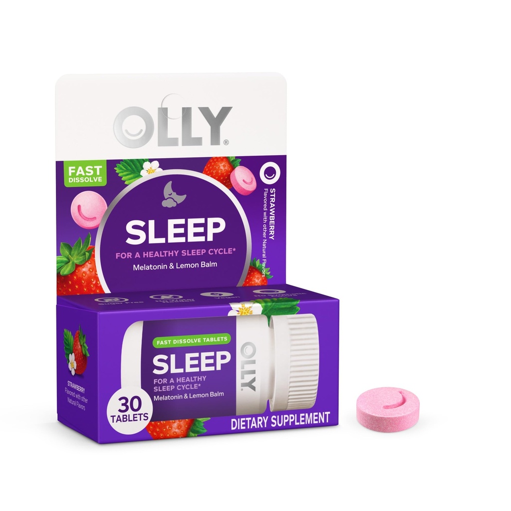 OLLY Sleep szybko rozpuszcza, 3 mg melatoniny, balsam z cytryny, aromat truskawkowy, 30 Day Supply - 30 Count