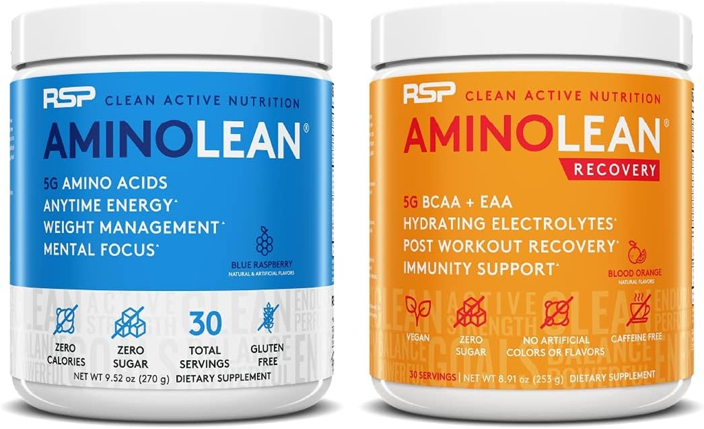 RSP NUTRITION AminoLean Pre Workout Energy (Niebieski Malina 30 Służenia) z AminoLean Recovery Post Workout Boost (Blood Orange 30 Służenia)