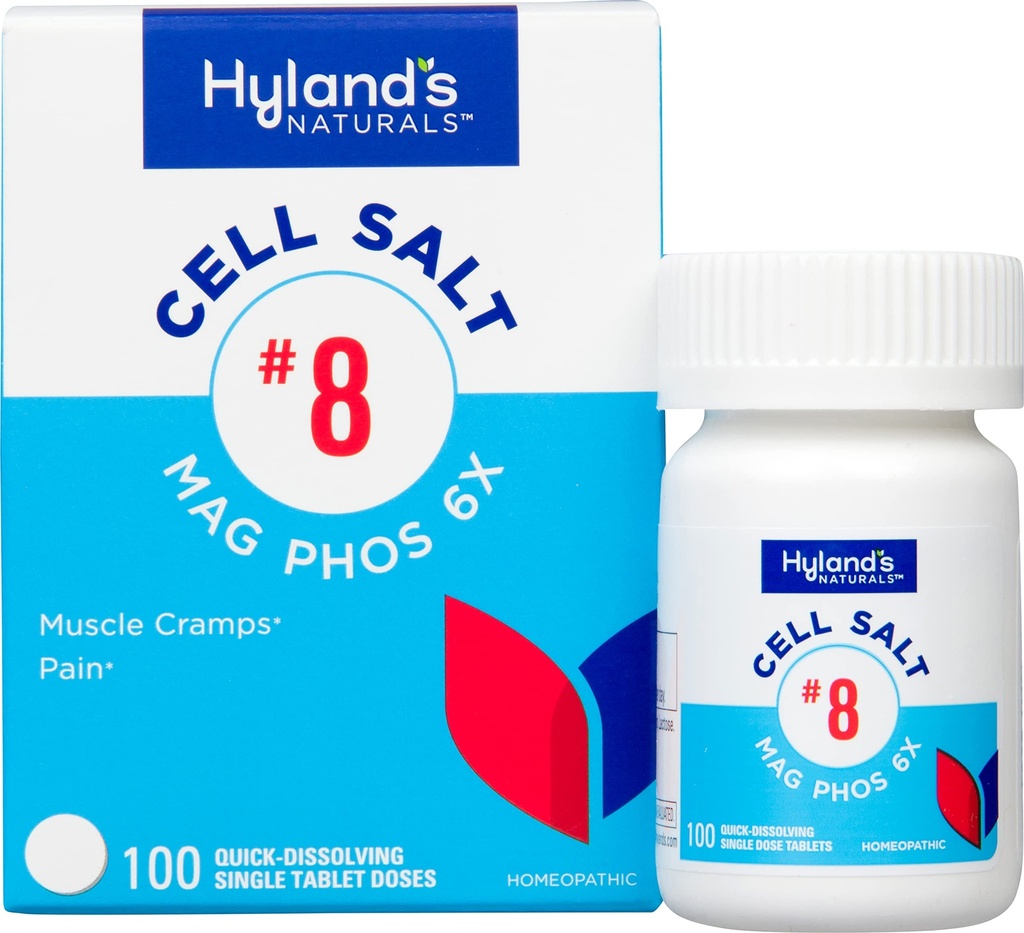 Hyland 's No. 8 Komórka Salt Mag Phos 6X, PMS Relief, Natural Homeopatic Relief of Menstrual Pain and Muscle Cramp Symps, Muscle Relaxer, Quick Disolding Tablets, 100 Count