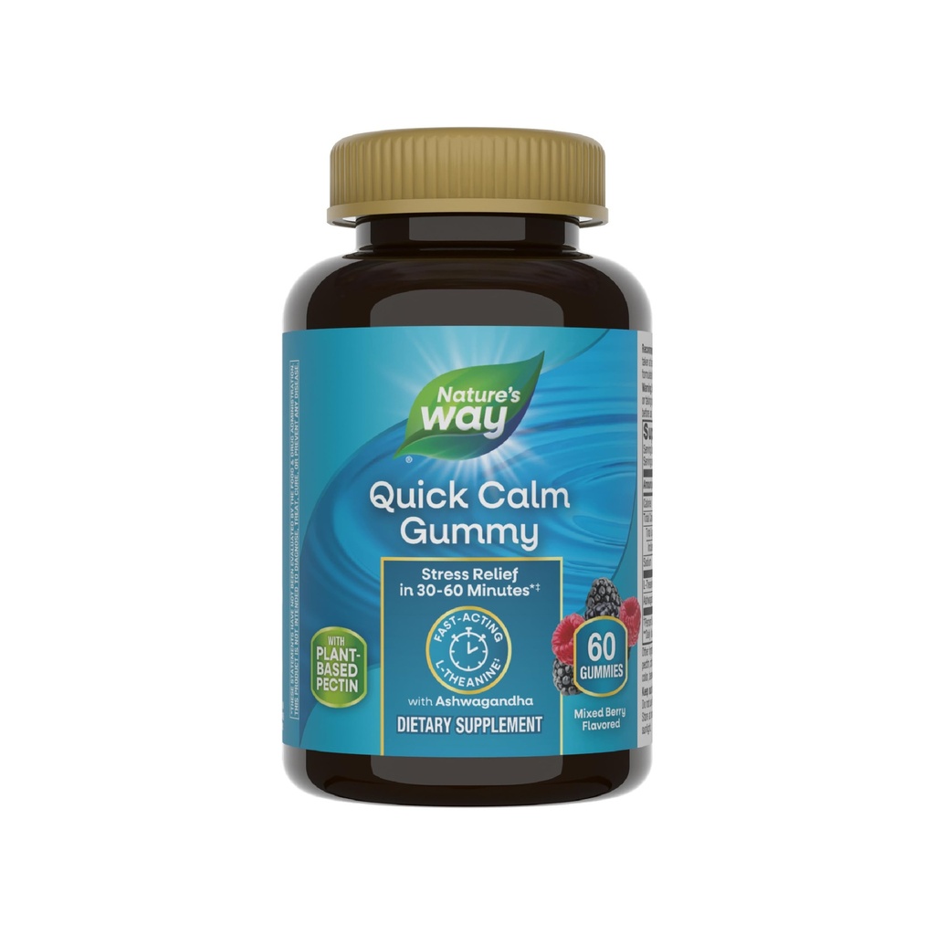 Nature 's Way Quick Calm Gummies, L- Theanine for Relaxation *, Fast- Acting, Stress Relief from L- Theanine W ciągu 30- 60 minut *, z Ashwagandha, Wegetarianin, Mieszane Berry Flavored, 60 Gummies