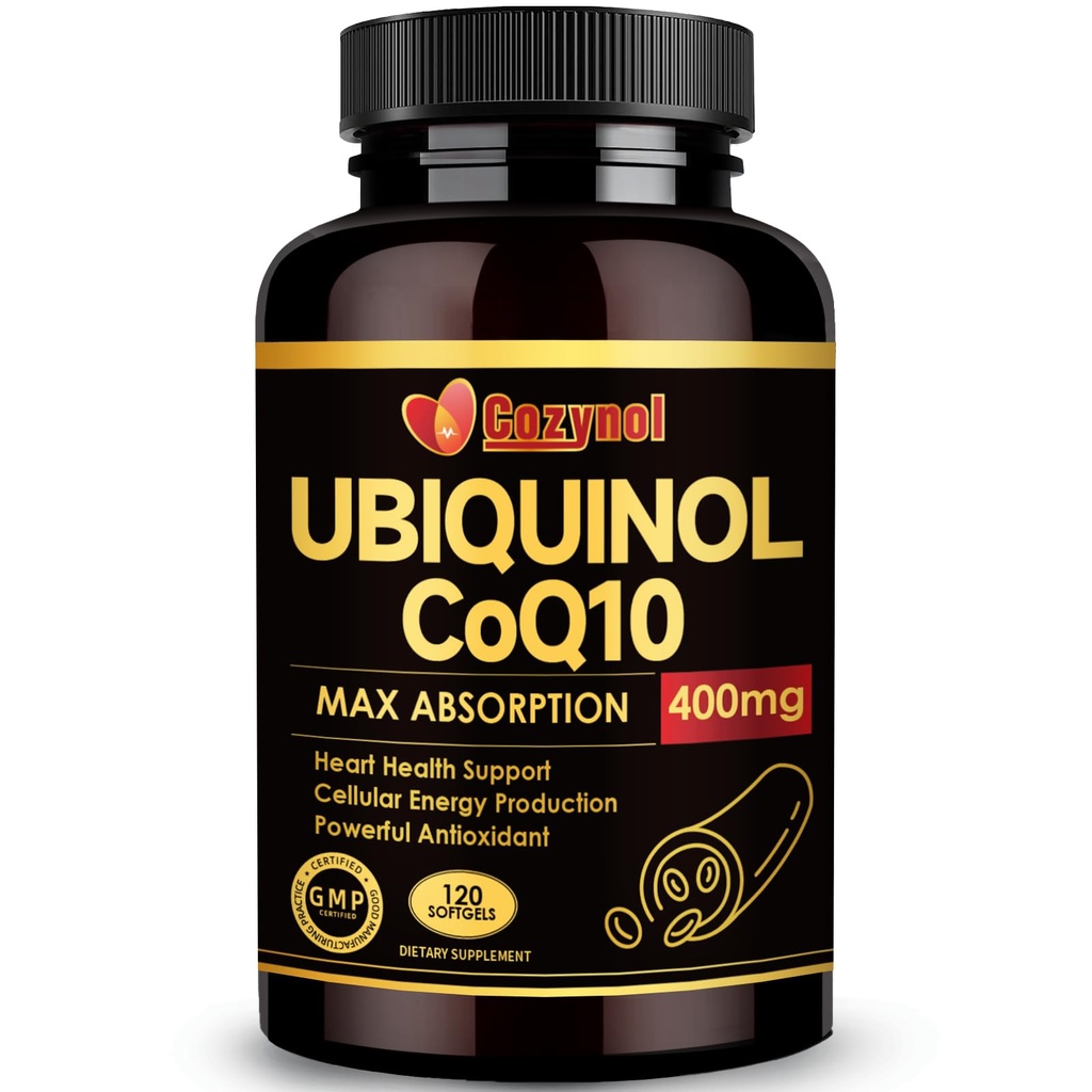 Ubichinol CoQ10 400mg Softgels z witaminą E & Omega-3, Mak- Absorpcja Koenzym Q10, Potężny przeciwutleniacz, Wspiera Heart Health & Energy-Production, 120 Count, Non-GMO