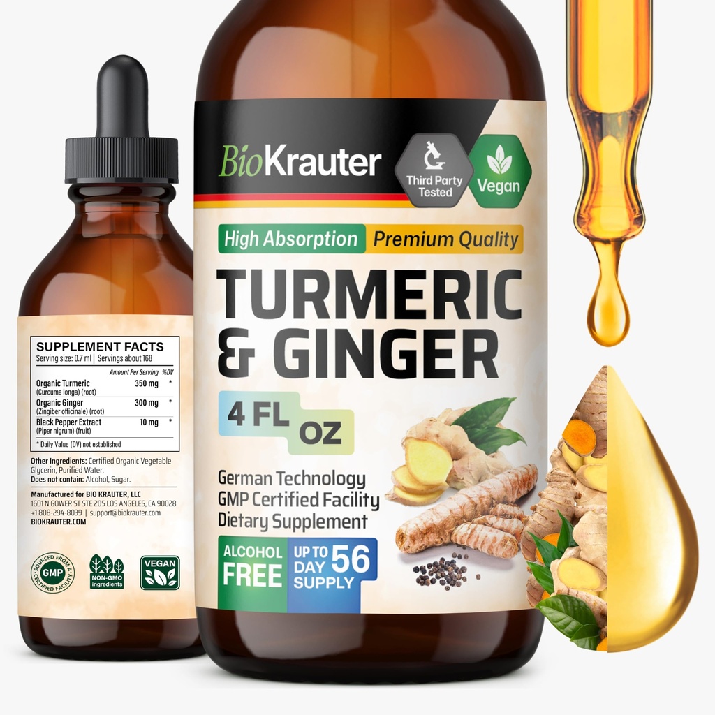 BIO KRAUTER ® Turmeric and Ginger Supplement - Pure Vegan Liquid Turmeric & Ginger Tincture with Pepper 4 Fl.Oz 56 Days of Supply - Curcumin Drops for Joint Support, Antioksydant & Immune Support