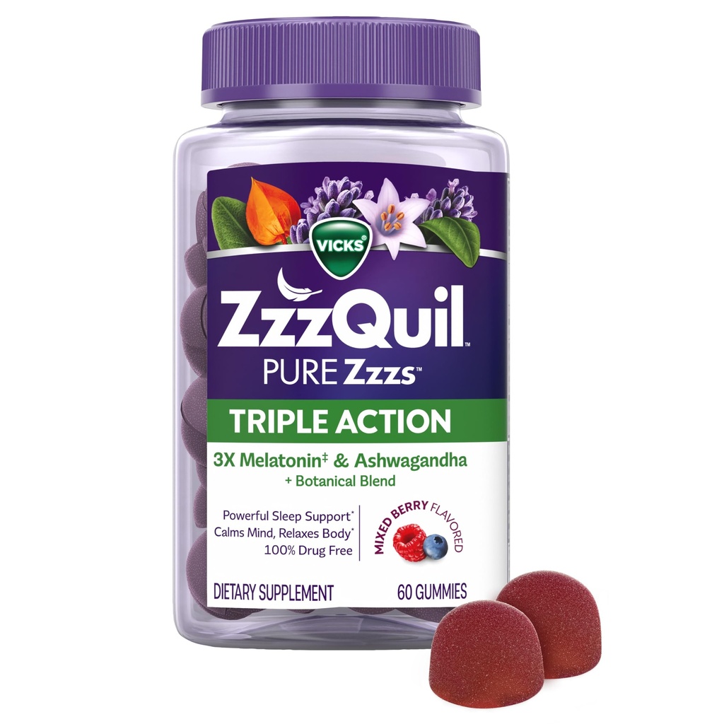 ZzzQuil PURE Zzzs potrójne działanie, Melatonina Gummies, Melatonina 6 mg, 3X Melatonina, Pomoc senna z Ashwagandha, Spokojny nastrój, Przeciwutleniacze Akcja, Pomoc senna dla dorosłych, 60 Gummies senne