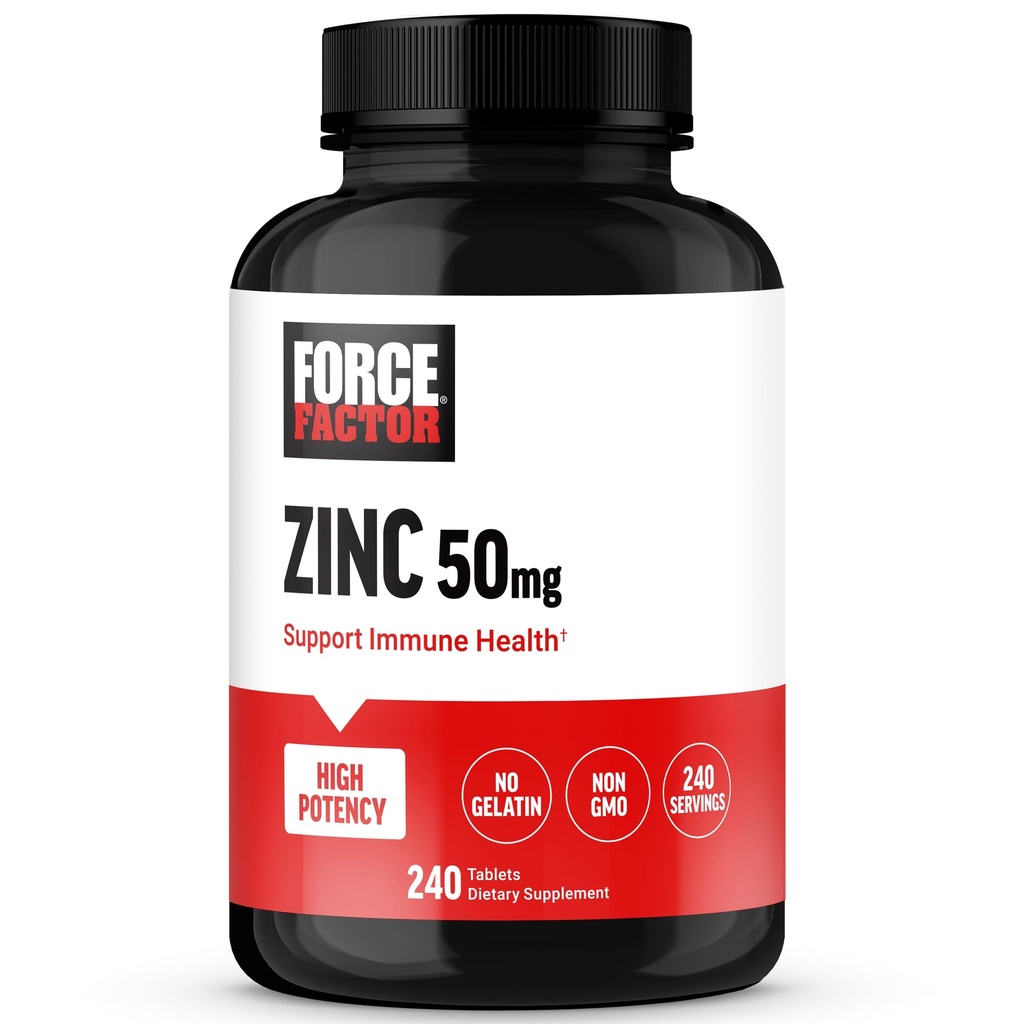Force Factor Cynk 50mg, Suplementy cynku z proszkiem tlenku cynku, Glukonian cynku i Cynk Cytrate dla wsparcia immunologicznego i zdrowia immunologicznego, Wysoka potencja, Wegan, Żelatyna wolna, Non-GMO, 240 Tabletki