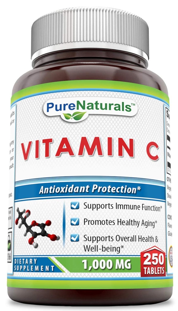 Czyste Naturals Witamina C, 1000 mg 250 Tabletki - Podtrzymuje immunologiczną Funkcję * - Podtrzymuje ogólne zdrowie i samopoczucie * - Promuje zdrowe starzenie się *