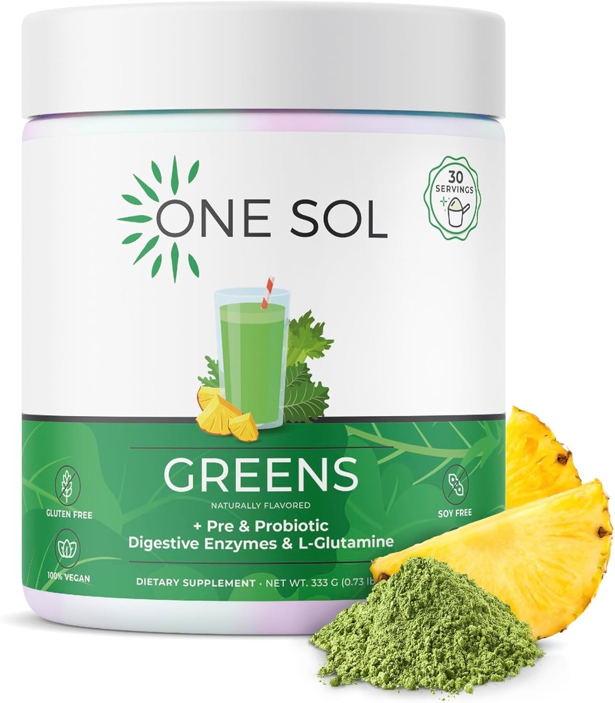 One Sol Zielone, Super Zielone Proszek do zmniejszenia Bloating & Poprawić Gut Zdrowie, Superfood Świeże Bloom Organic Zielonych Mieszanka Sok & Smoothie Mix, Pre & Probiotyczne z Enzymy Digestive, Wegan & Soy Free
