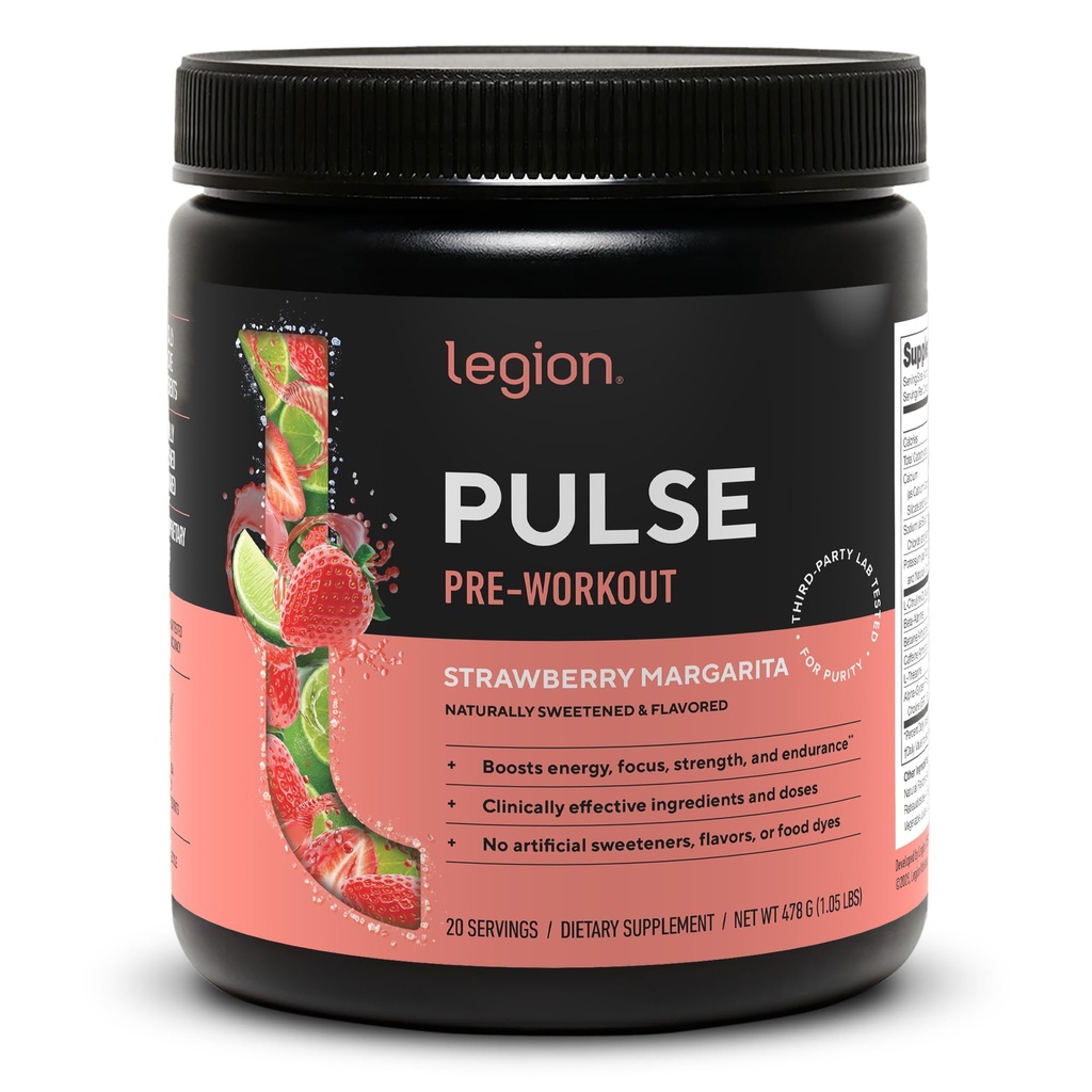 LEGION Pulse pre Workout - All Natural Nitric Oxide Precuting Drink to Boost Energy, Creatine Free, Natural Sweetened, Beta Alanine, Citruline, Alpha GPC (Strawberry Margarita)